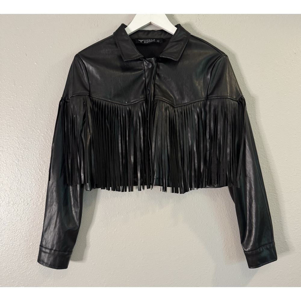Lucky & Blessed Faux Leather Fringe Jacket L Cropped Western Cowgirl Black